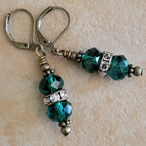 Peacock Green Crystal Clear Rhinestone Rondelle Earrings Bronze Brass Lever Back - Picture 2 of 5
